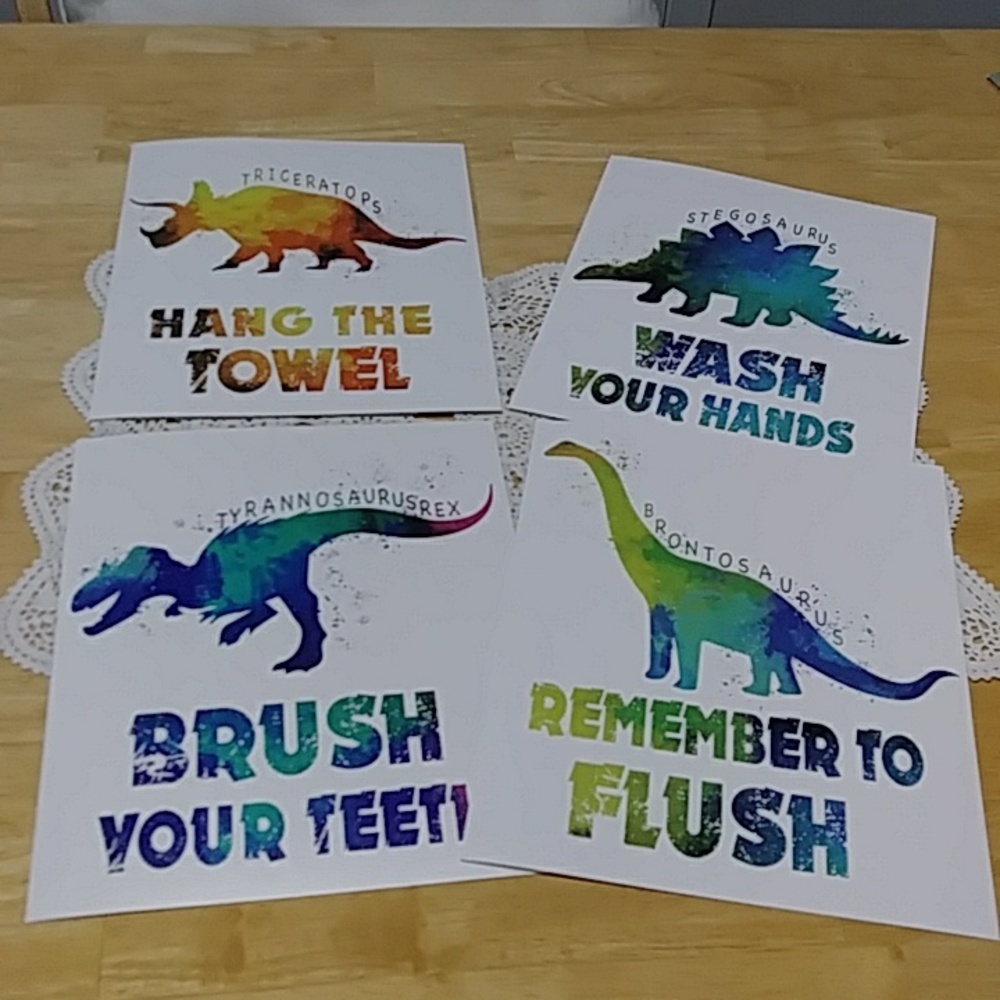 Dinosaur art prints, teaching reminders, boy's bathroom decor